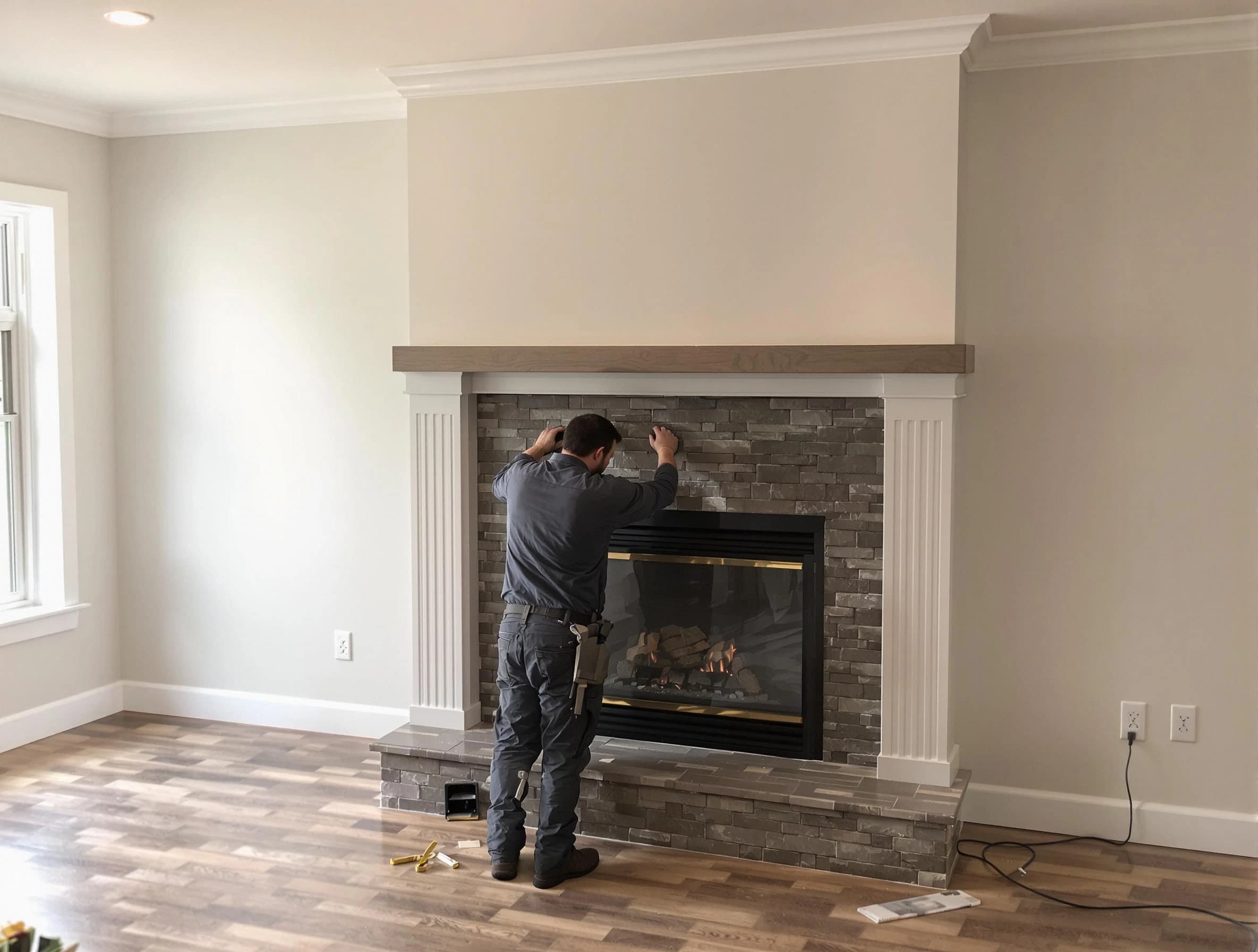 Sherrelwood Chimney Sweep finishing a custom fireplace install in Sherrelwood, CO