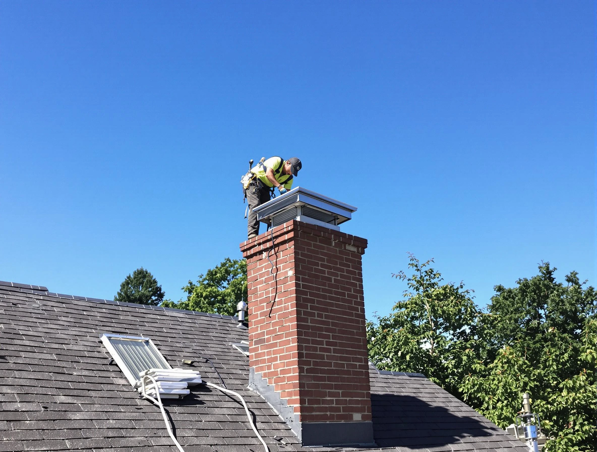 Sherrelwood Chimney Sweep technician measuring a chimney cap in Sherrelwood, CO